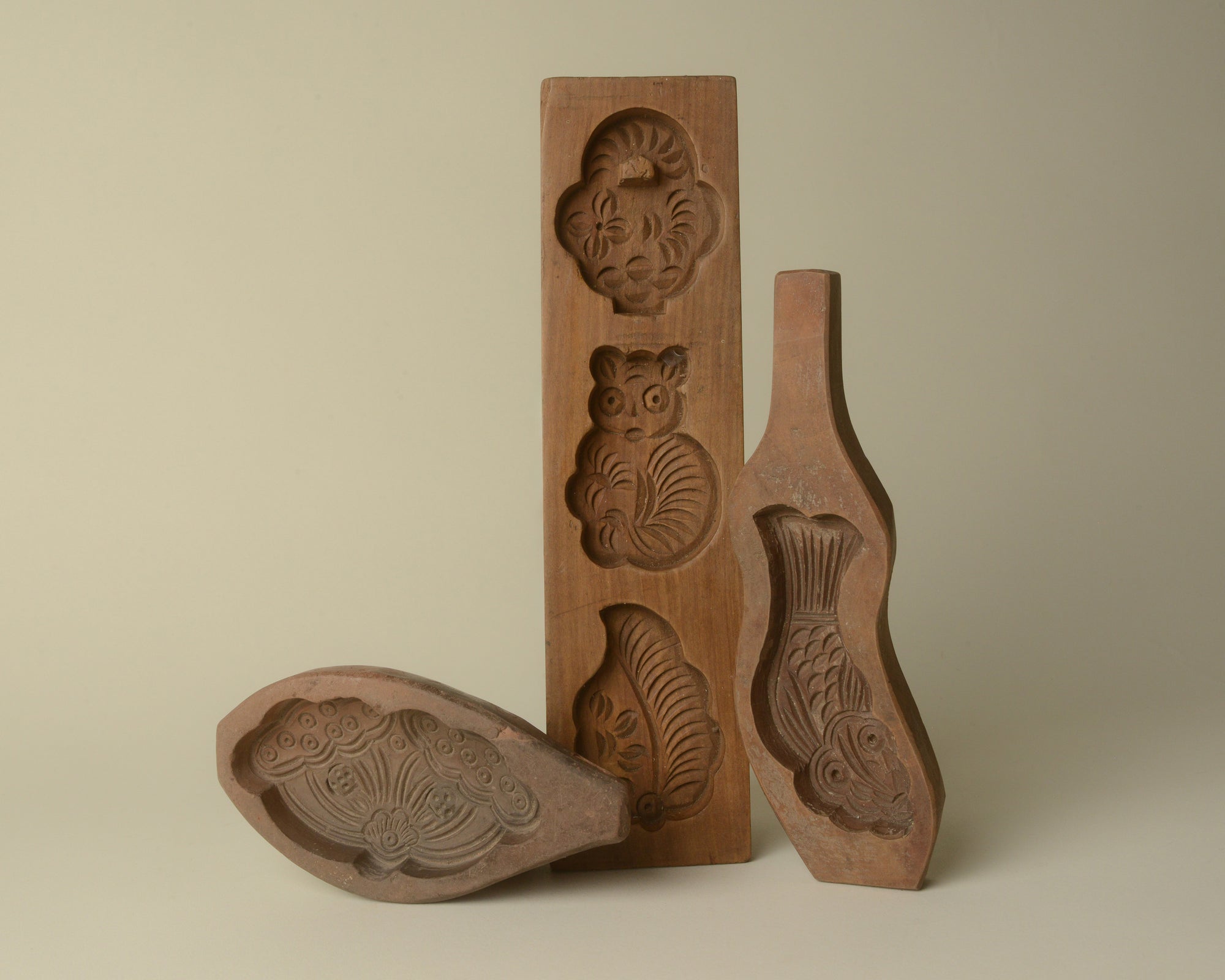 Set of Antique Wooden and Clay Mooncake Molds.